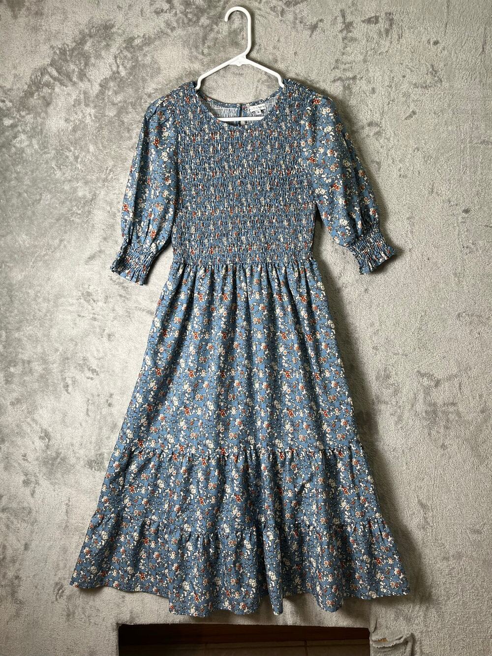 Baltic Born Blue Smocked Floral Tiered Midi Dress Puff Sleeve Cottagecore Small